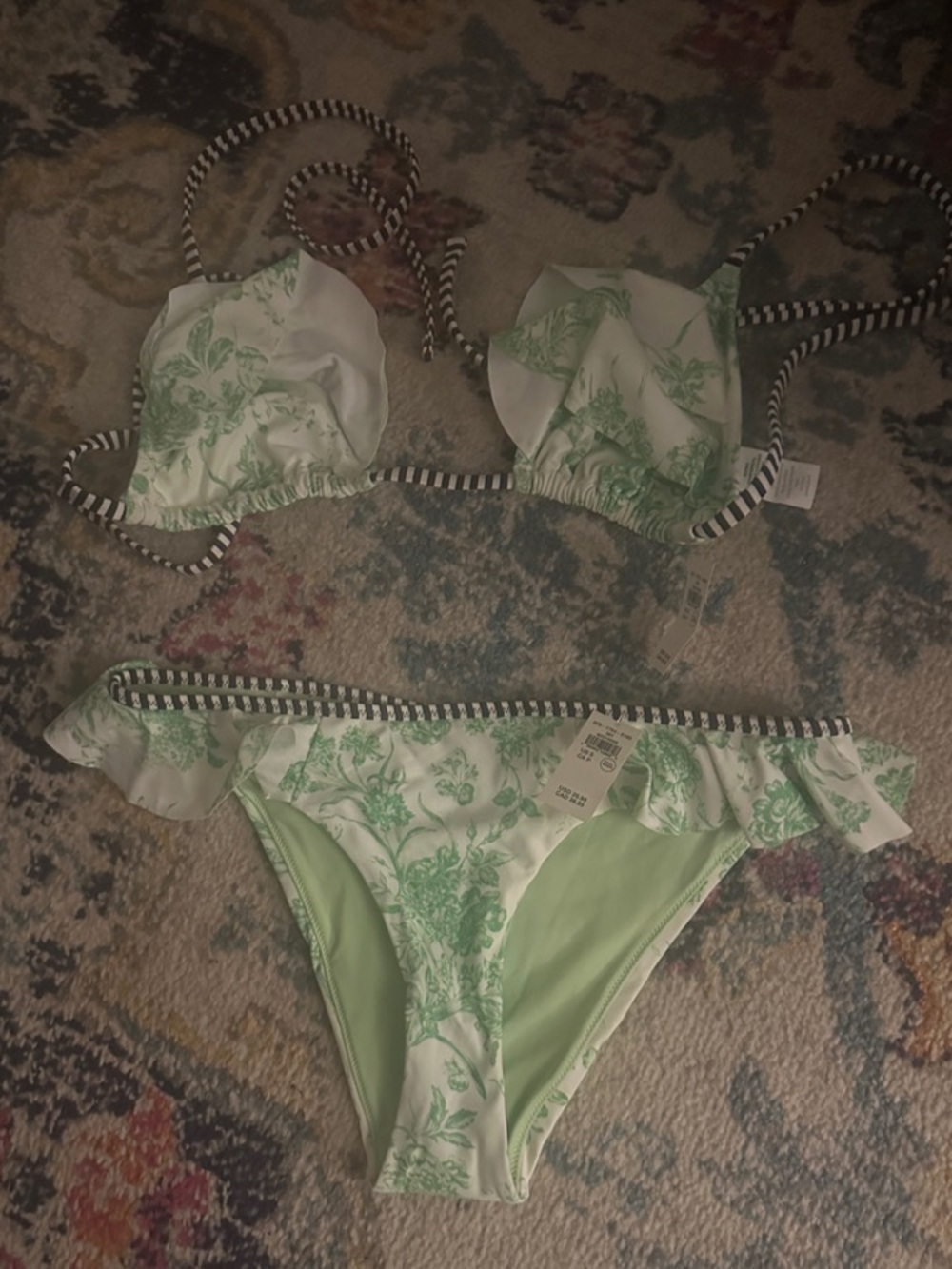 American Eagle Outfitters White and Light Green Floral Bikini Set